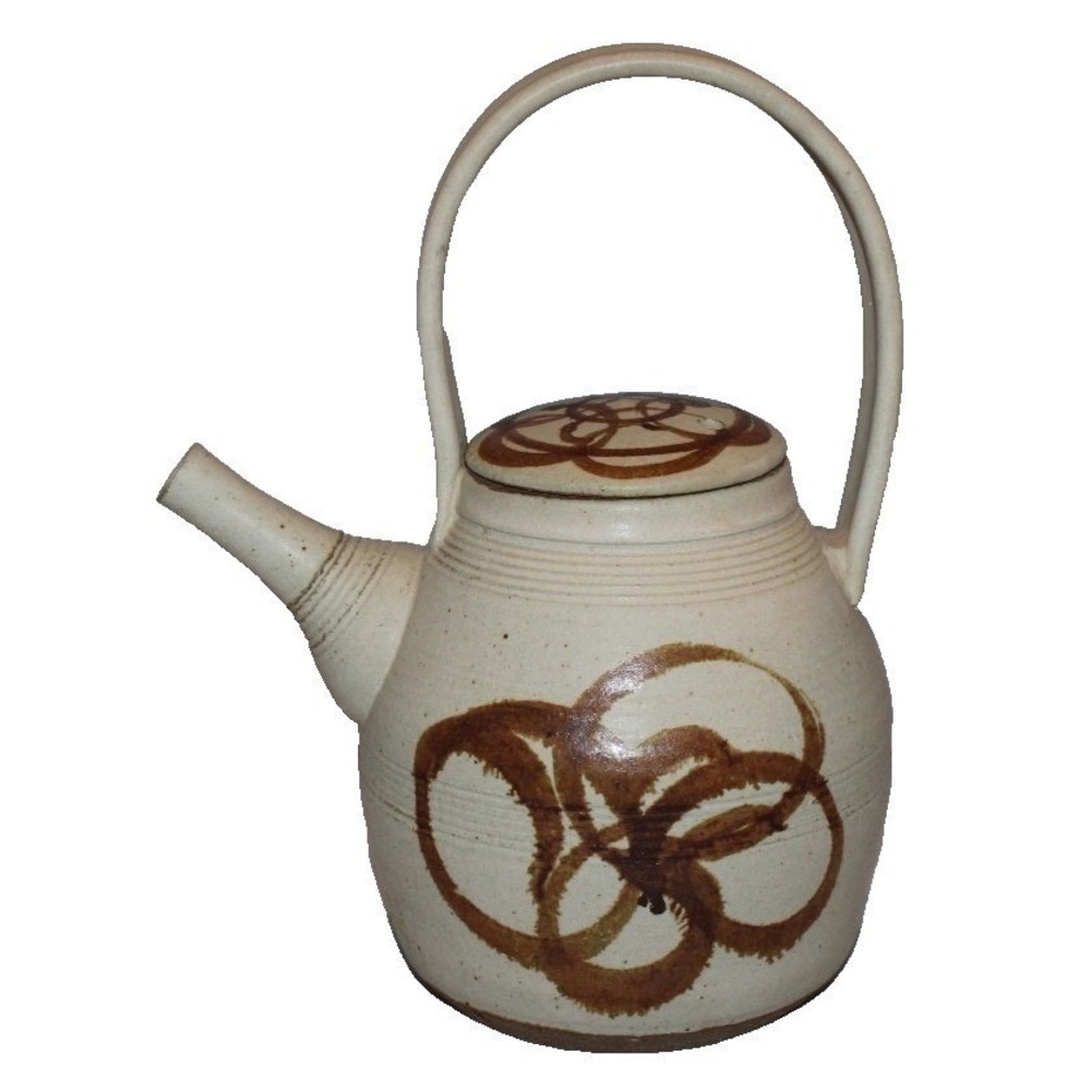 Studio Art Pottery stoneware teapot with lid beige & brown artist signed Howard?